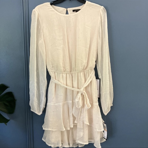 CITY Studio Juniors' Lurex Dot Ruffled Fit & Flare Dress Color Cream Size S - Picture 5 of 12